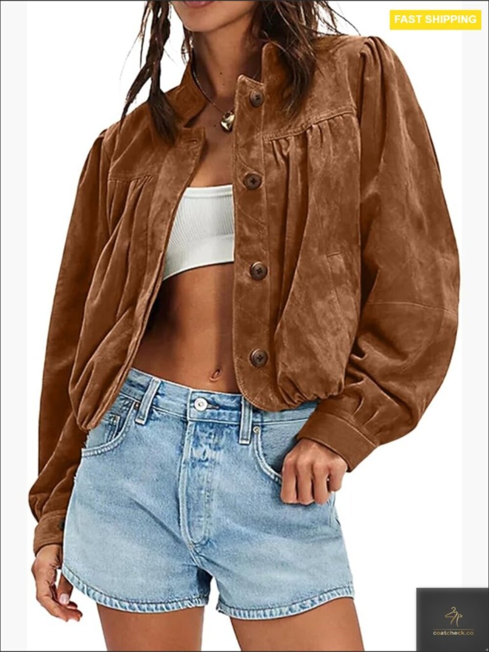 Faux Suede Jacket Oversized Puffed Long Sleeve Stand Collar Button Down Pilot